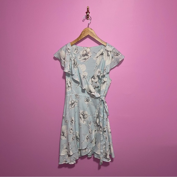 Free People Dress Women's Medium Light Blue Floral Ruffle Wrap Flutter Sleeves - Picture 2 of 11